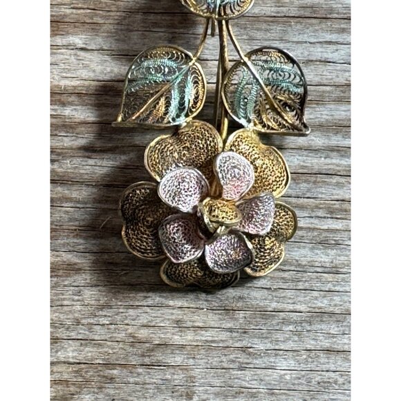 Vintage Gold Tone 800 Silver Flower Brooch Pin with Intricate Filigree Design - Picture 3 of 7